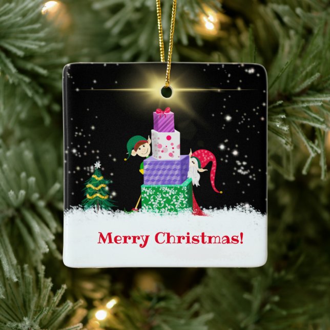 Glad jul tomtar med julklappar julgransprydnad keramik (Träd)