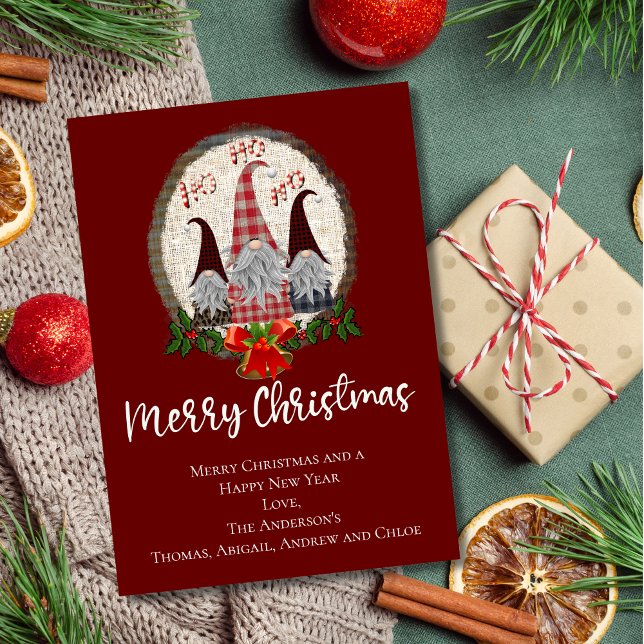 Glad jul Tomtar Röd, Rustik, Rutig, Trendig Kort (Gnomes Merry Christmas Card Personalized. Printed or Digital Instant download)