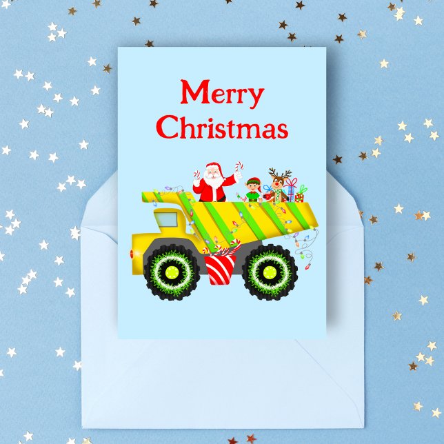 Glad jul Tomte i sopbil Alv, Ren Kort (Cheerful dump truck scene: Santa, Elf & Rudolph spread holiday joy. Perfect for dump truck-loving.)