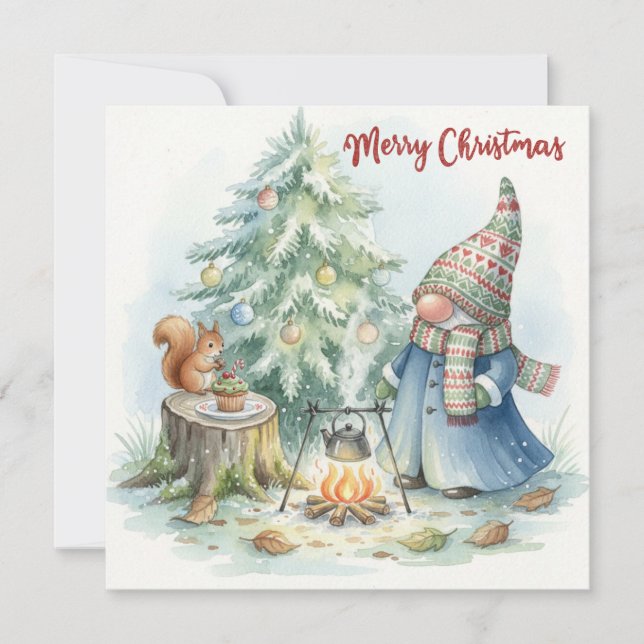 Glad jul Tomte och julgranen  Julkort (Framsida)