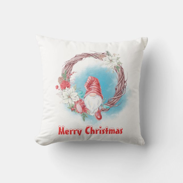 Glad jul Tomte på blomsterkrans Kudde (Framsida)