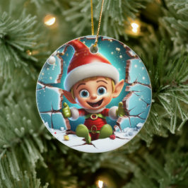 Glad jul-tomte som njuter av vintern. julgransprydnad keramik