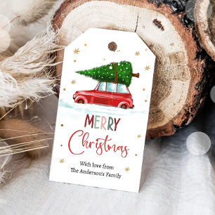 Glad Jul Träd Bil Familj Tack Gåva Presentetikett