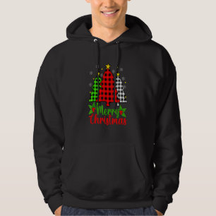 Glad jul Träd Buffalo Rutigt Rött Vitt Grönt Hoodie
