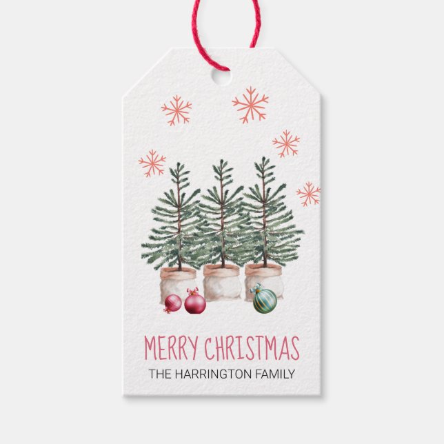 Glad jul Träd Snöflingor Personlig Presentetikett (Framsidan)