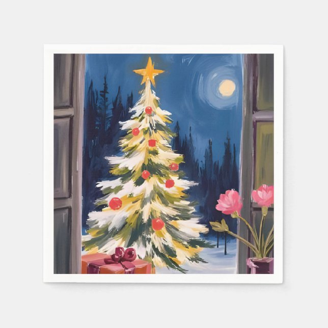 Glad jul Träd Vattenfärg Högtid Pappersservett (Framsidan)