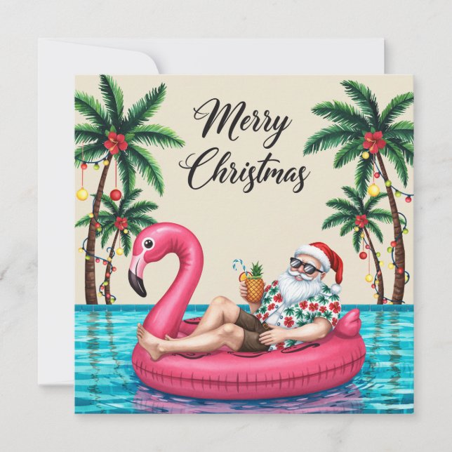 Glad jul Tropisk tomte Sommar poolparty Julkort (Framsida)