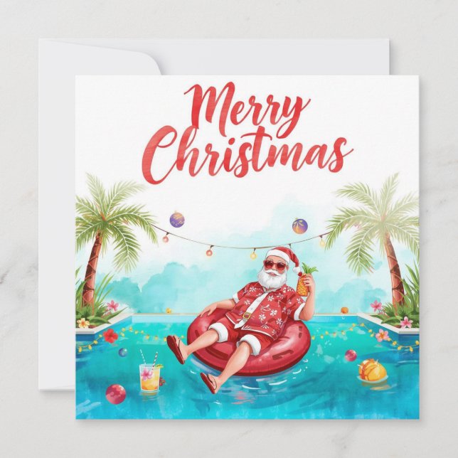 Glad jul Tropisk tomte Sommar Poolparty Julkort (Framsida)