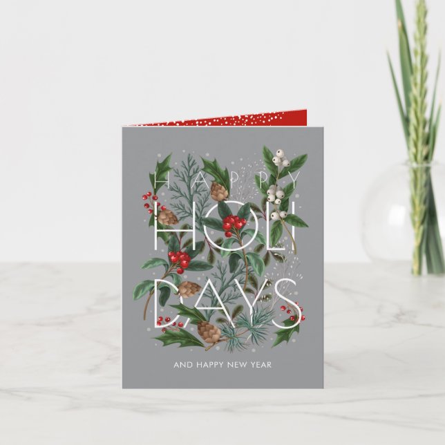 Glad Jul Typografi Grönska Bär Faldig Helgkort (Framsida)