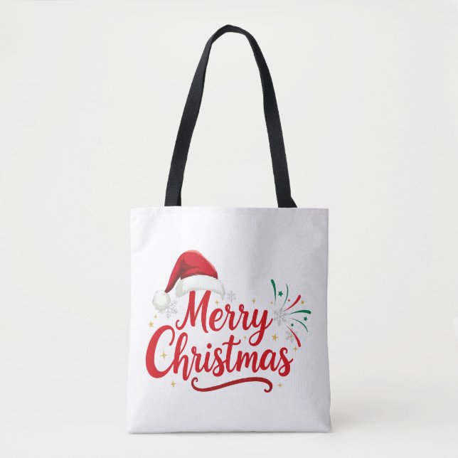 Glad jul typografi med tomteluva och snö tygkasse (Framsida)