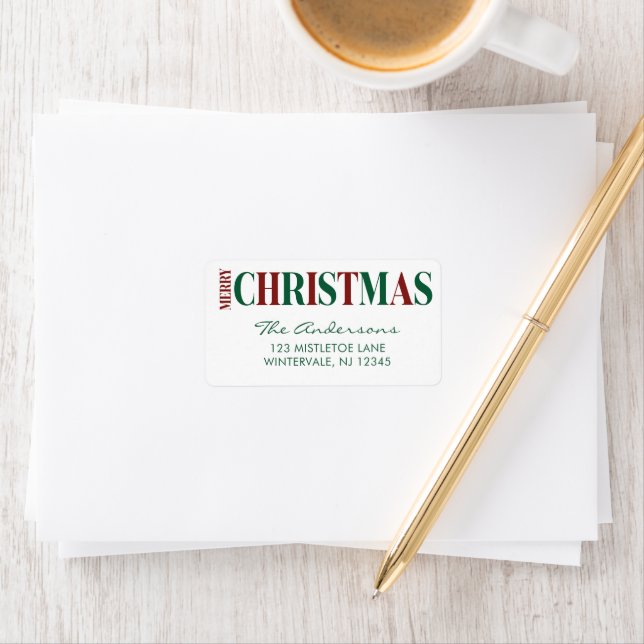 Glad jul typografi röd och grön adressetikett (Insitu)