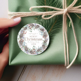 Glad jul Vattenfärg Botanisk Krans Runt Klistermärke