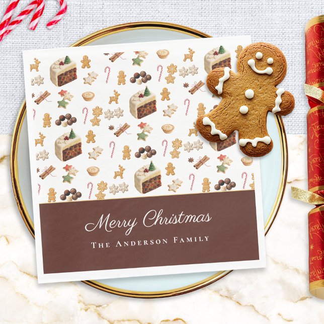 Glad jul Vattenfärg Högtidlig Bakning Pappersservett (A festive paper napkin with Merry Christmas greeting, sweet treats pattern and custom family name)