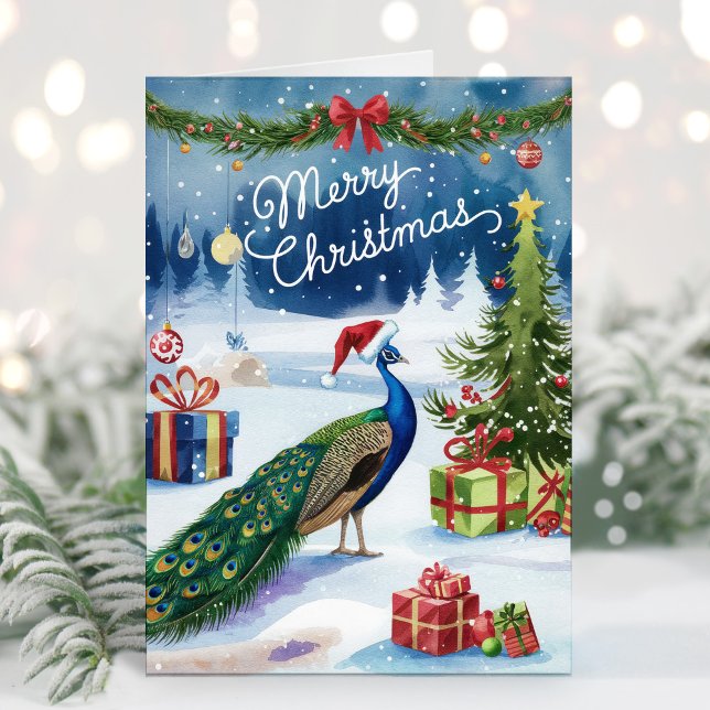 Glad jul Vattenfärg Påfågel Julkort Helgkort (Skapare uppladdad)
