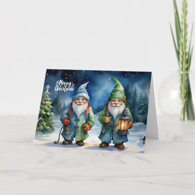 Glad jul Vattenfärg Tomtar Skog  Helgkort (Framsida)
