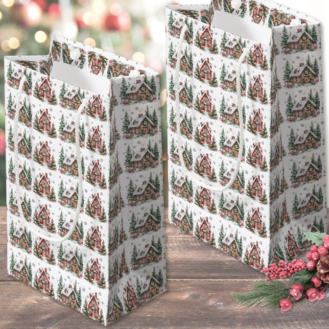 Glad jul Vinter (Festive Winter Cabin Watercolor Christmas Small Gift Bag)