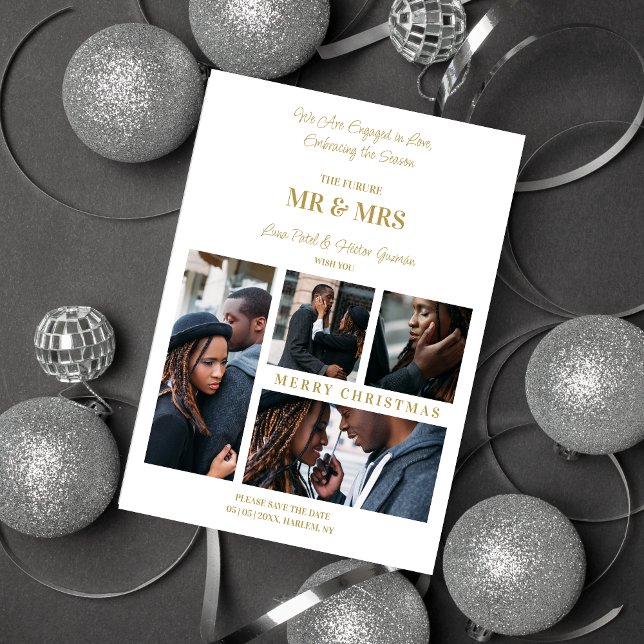 Glad jul Vit & Guld Enkel 4 Flera Bilder Julkort (Merry Christmas White & Fake Gold Simple Classic 4 Multi Photos Collage Save the Date Card Holiday.)