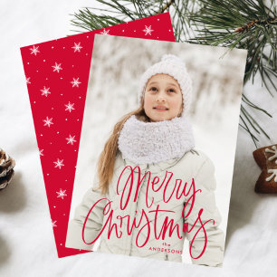 Glad jul Whimsical röd handskriven fotofråga Julkort