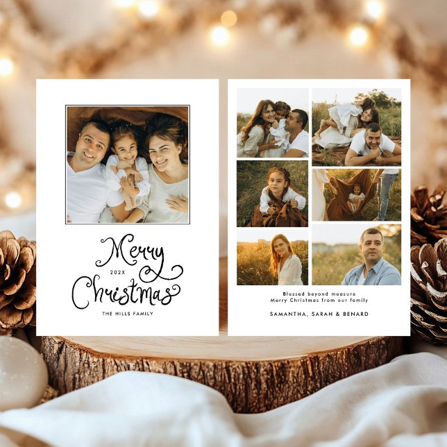 Glad jul Whimsical Script Familj 7 foton Julkort (Skapare uppladdad)