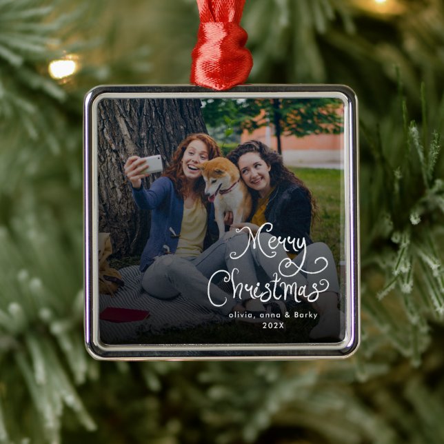 Glad jul Whimsical Script Familjefoto Hund Julgransprydnad Metall (Träd)
