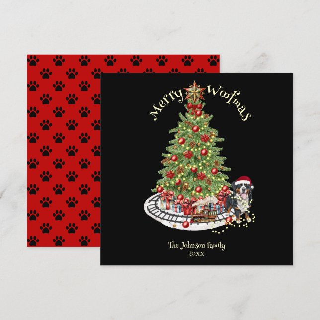 Glad Jul Woof Hund Design- Berner Sennenhund Julkort (Fram/baksida)