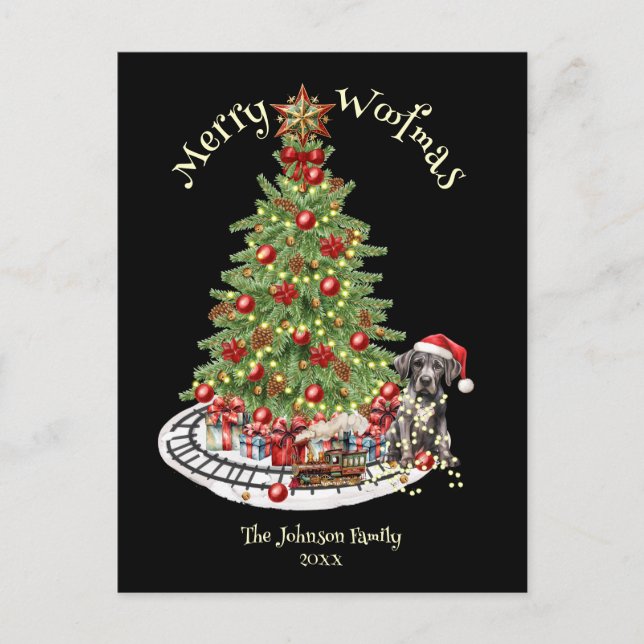 Glad Jul Woof Hund Design- Grand Danois Helg Vykort (Framsida)