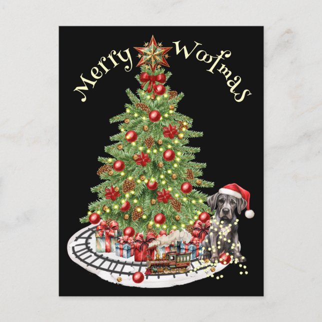 Glad Jul Woof Hund Design - Grand Danois Vykort (Framsida)