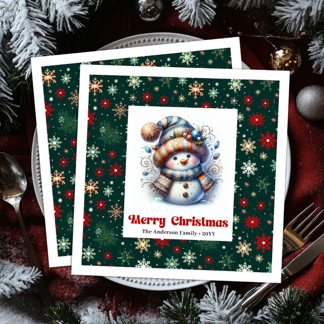Glad julestump med snöflingor barn servett (Joyful cartoon snowman with snowflakes kids napkins)