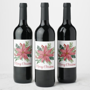 Glad Julfest Poinsettia Röd Blomma Vinflaska Etikett