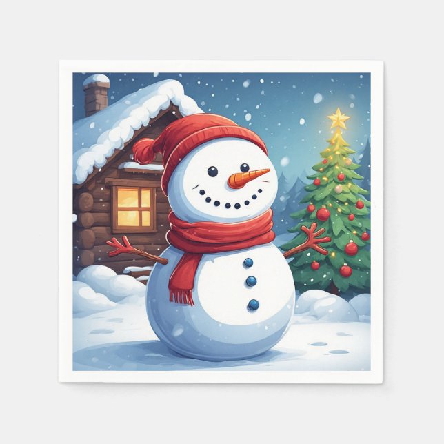 Glad julgran med snöman pappersservett (Framsidan)