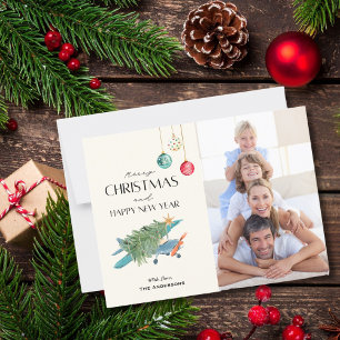 Glad julgran på flygplans familjefoto vykort
