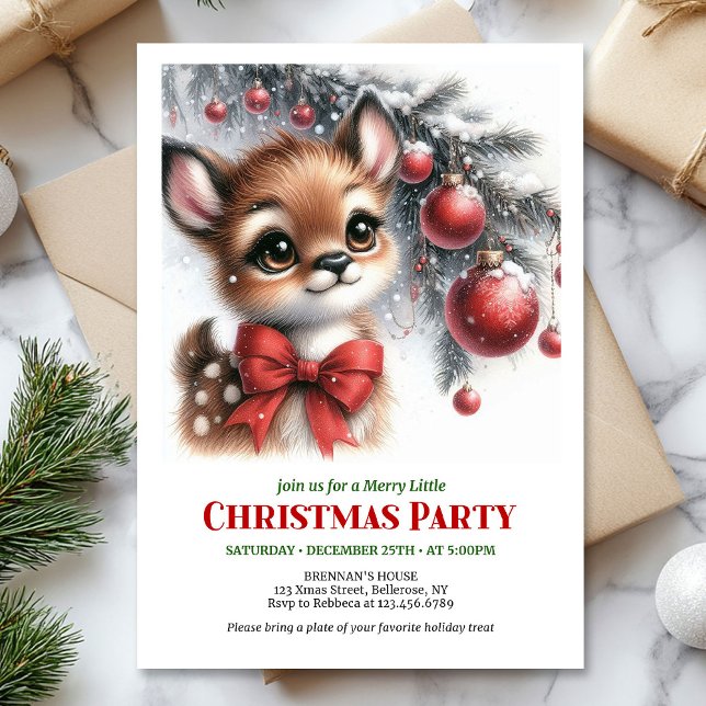 Glad julhjort vattenfärg julinbjudan inbjudningar (Merry baby deer watercolor Christmas invite printable template)