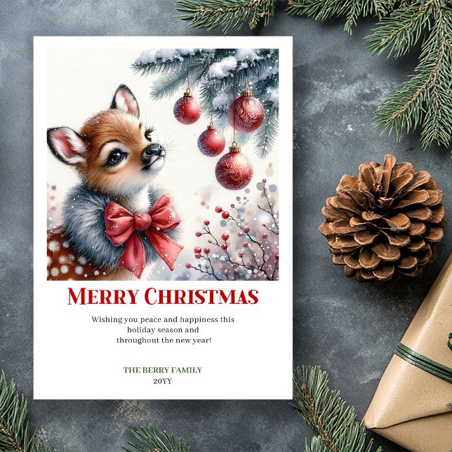 Glad julhjort vinter scen snöig skog hälsning julkort (Jolly baby deer winter scene snowy forest greeting card)