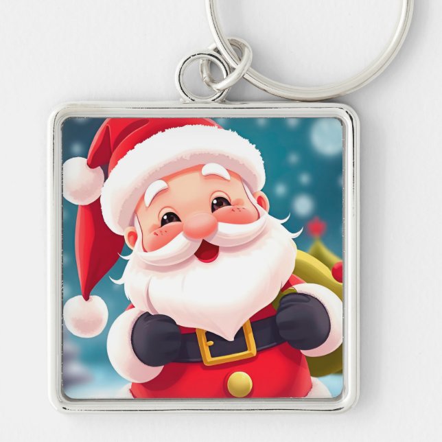 Glad julillustration med tomtefirande fyrkantig silverfärgad nyckelring (Framsidan)