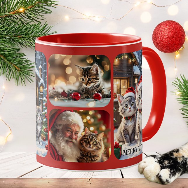 Glad Julkatts Fotokollage Julen Mugg (Mug featuring a collage of cats in a festive Christmas scene. Great as a gift for a crazy cat lady!)