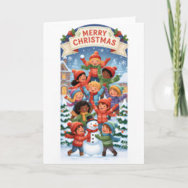 Glad julpyramid – Barn bygger en snöman Kort