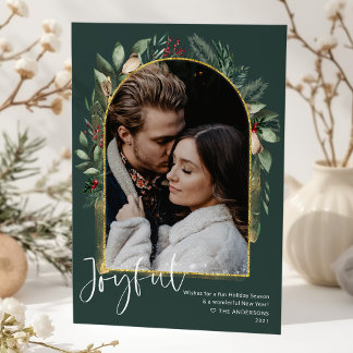 GLAD Julskogsgrön Guld Båge & Snö Overlays Foto Julkort