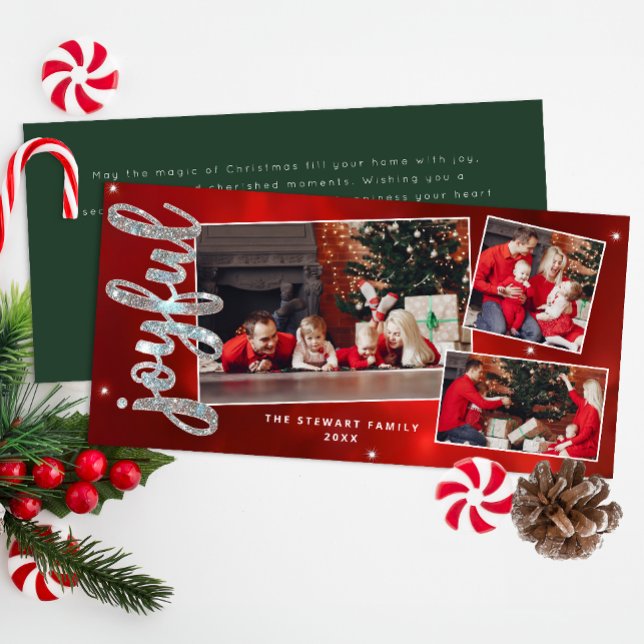 Glad julskript 3 Fotokollage julfirande Julkort (Joyful Red & Green Christmas Card)
