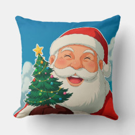 Glad jultomte som håller en liten julgran kudde