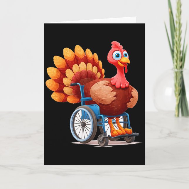 Glad kalkon kostym i rullstol för thanksgivin kort (Framsida)
