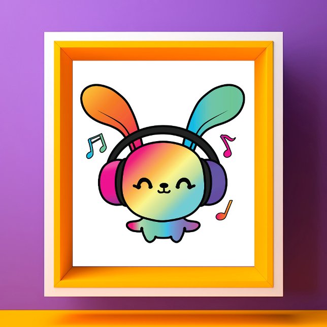 Glad kanin med hörlurar som lyssnar på musik. fototryck (Happy Bunny with headphones listening to music. Photo Print )