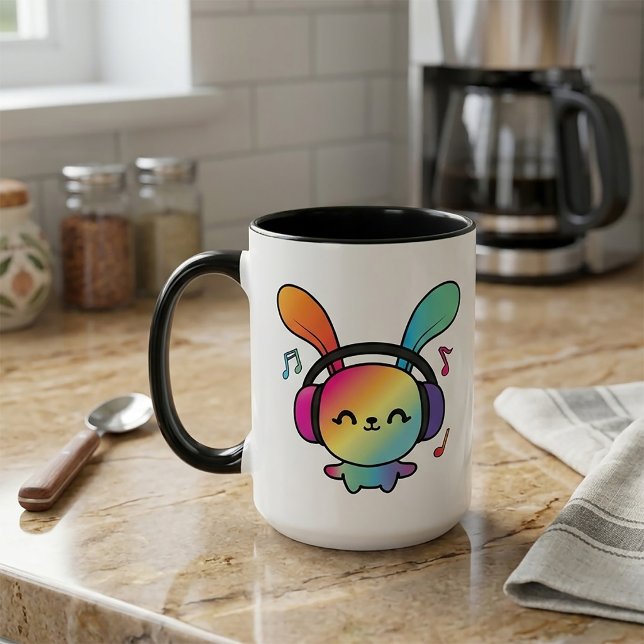 Glad kanin med hörlurar som lyssnar på musik. mugg (Happy Bunny with headphones listening to music. Mug)