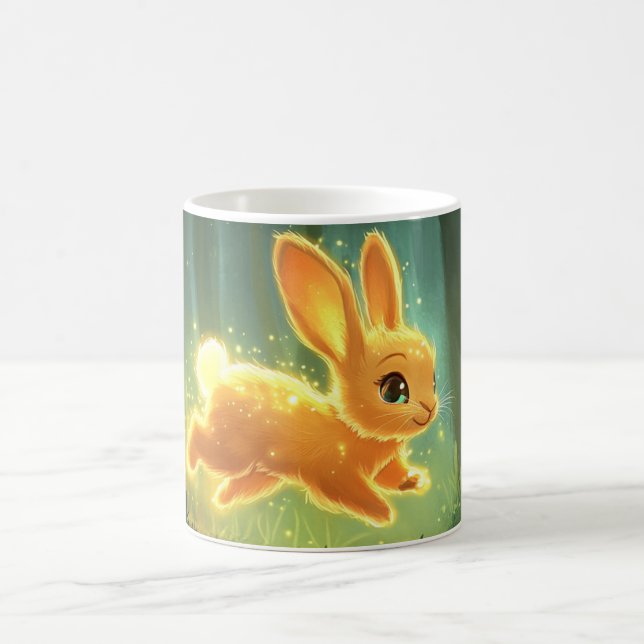 glad kanin som hoppar i mörkret, omgiven av ljus kaffemugg (Center)