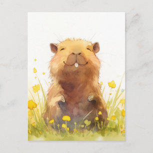 Glad Kapybara i gul äng med vilda blommor Vykort
