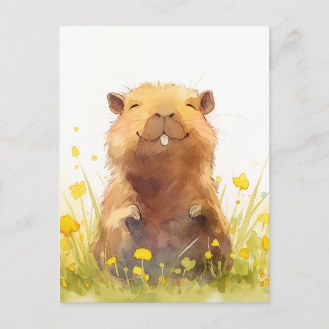 Glad Kapybara i gul äng med vilda blommor Vykort (Framsida)
