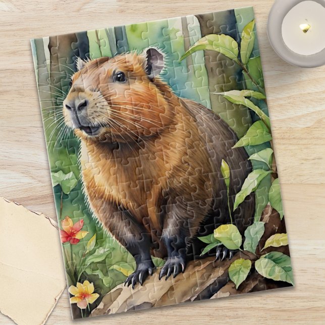 Glad Kapybara i regnskog Vilda djur Pussel (Happy Capybara in Rainforest Wild Animal Jigsaw Puzzle)