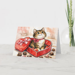 Glad katt i en hjärtformad chokladlåda till Alla H Kort