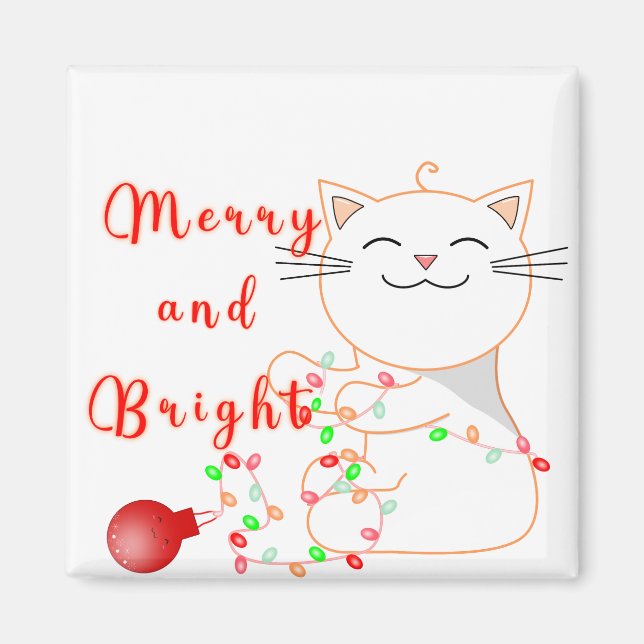 Glad katt leker med LED-ljus | Söt jul  Magnet (Framsidan)