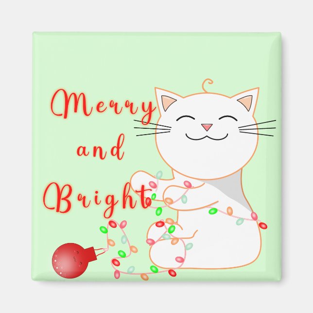 Glad katt leker med LED-ljus | Söt jul  Magnet (Framsidan)