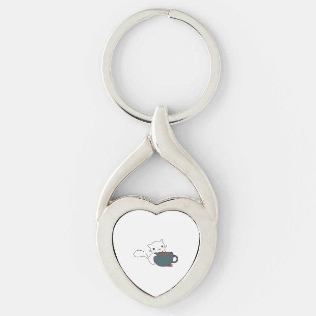 Glad Katt Med Kaffe Twisted Heart Silverfärgad Nyckelring (Framsidan)
